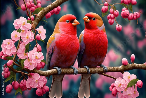  two birds sitting on a branch with pink flowers in the background and a blue background behind them. generative ai © Oleg
