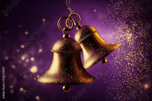 Foto two bells hanging from a chain on a purple background with gold glitters and stars around them