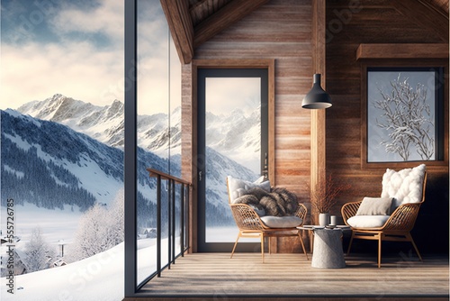 Foto Wooden chalet in the mountains, snowy forest