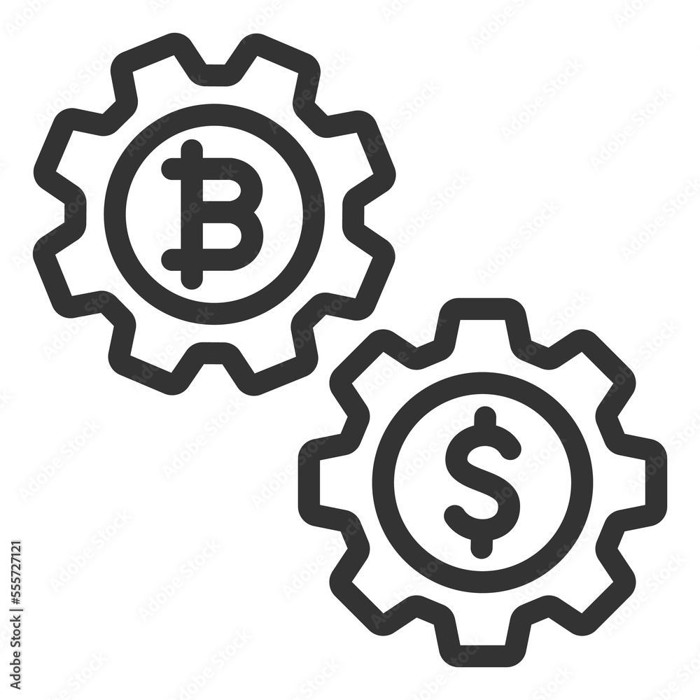 Gears with bitcoin and dollar, interaction - icon, illustration on white background, outline style Gears with bitcoin and dollar, interaction - icon, illustration on white background, outline style