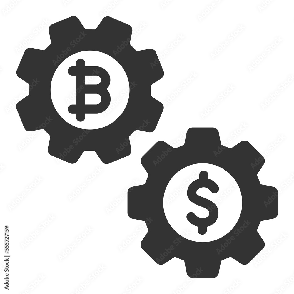 Gears with bitcoin and dollar, interaction - icon, illustration on white background, glyph style Gears with bitcoin and dollar, interaction - icon, illustration on white background, glyph style