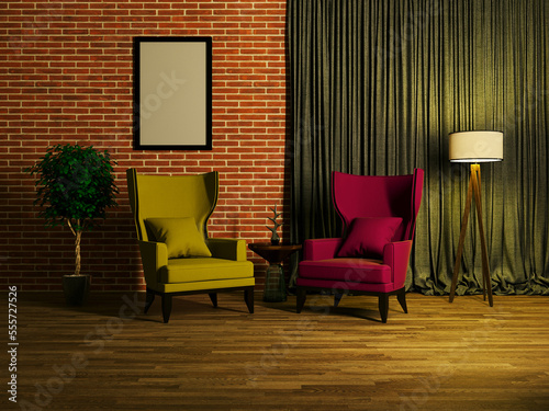 3D rendering of two bright armchairs against a brick wall. ornamental plant and floor lamp