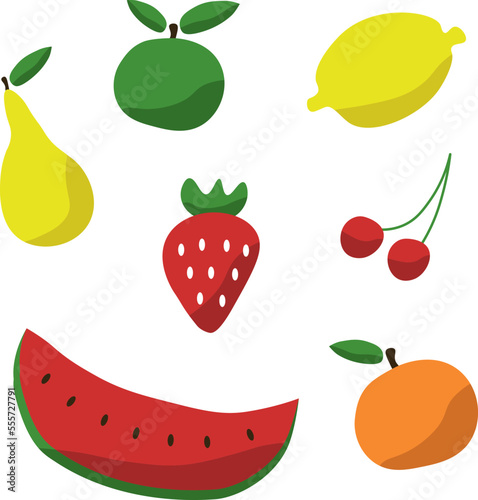 Fototapeta Naklejka Na Ścianę i Meble -  Fruits and berries, vector set. Drawn fruits with shadows. Apple and pear, cherry and strawberry, lemon and orange, watermelon.