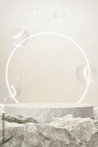 Rock stone white podium Blank product shelf standing backdrop.