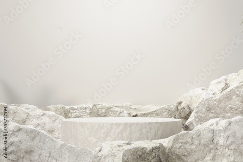 Rock stone white podium Blank product shelf standing backdrop.