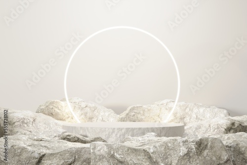 Rock stone white podium Blank product shelf standing backdrop.