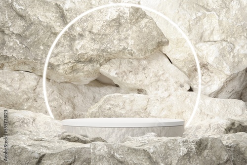 Rock stone white podium Blank product shelf standing backdrop.