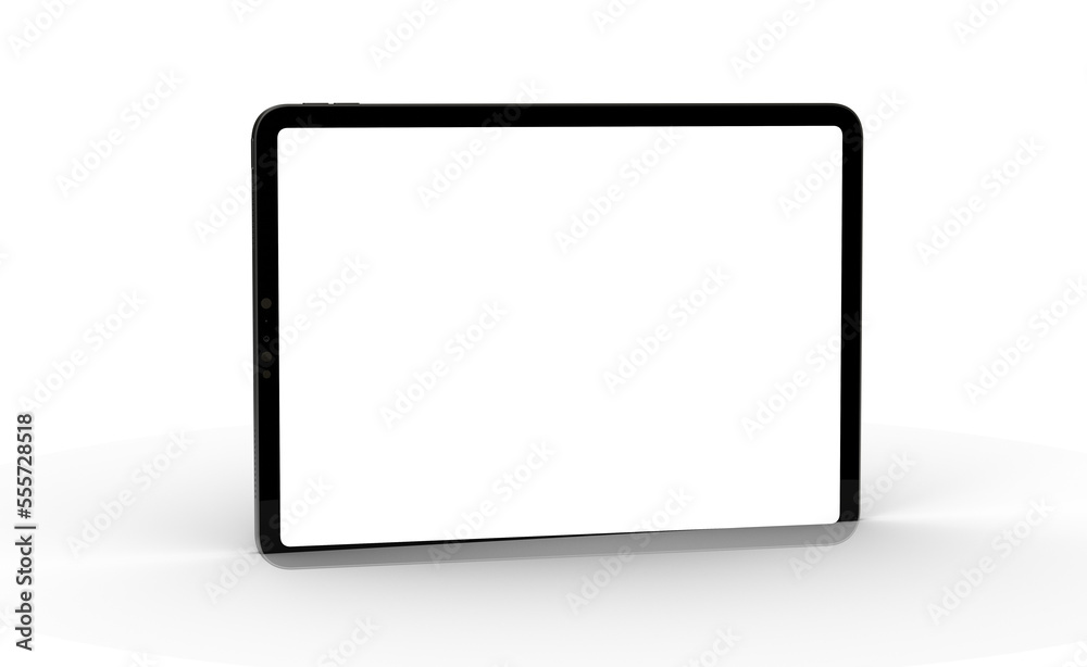 Black tablet computer with blank screen, isolated on white background