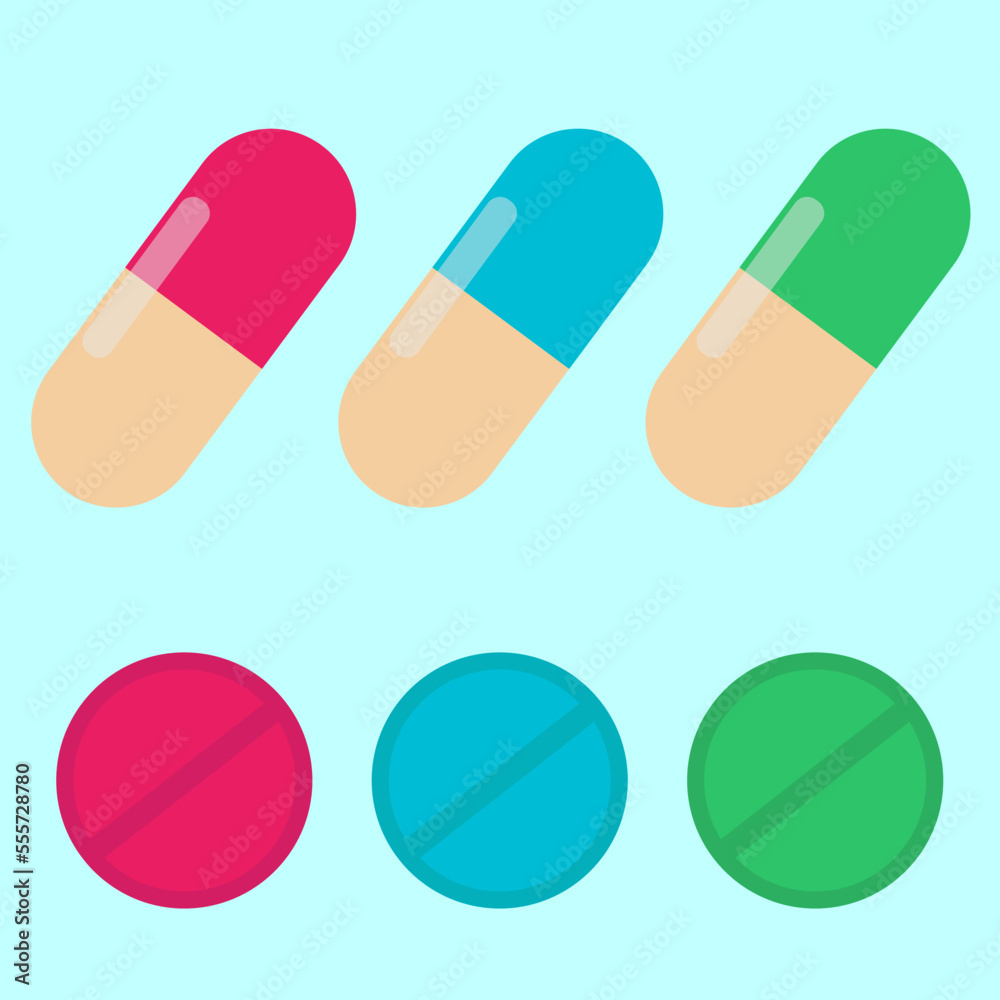 Colorful pills and medications set in different shapes, isolated on white background. Pill and medicine capsule icons. Flat style vector illustration.