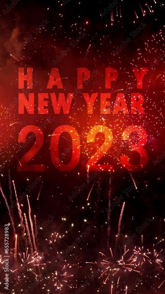 Happy New Year 2023, Fireworks Display. Looped. Vertical.