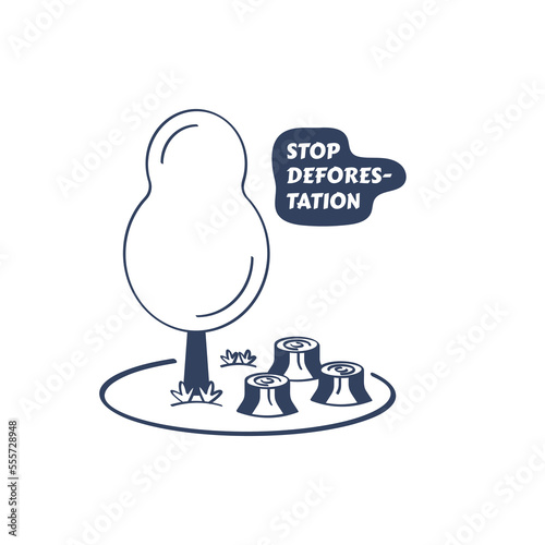 Forest deforestation line drawing with felled trees and logs. Ecology and environment doodle vector icon illustration