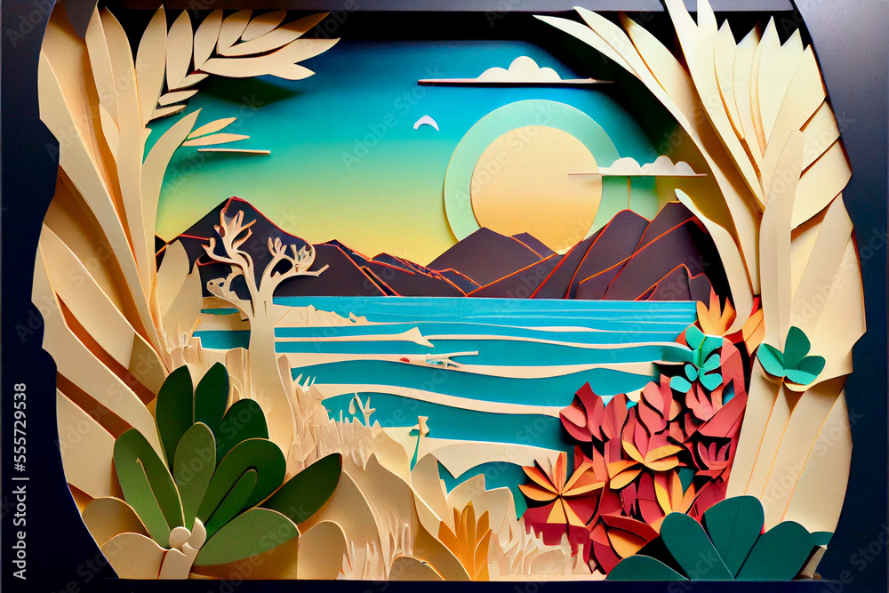 Generative AI Render Of Hawaii Themed Paper Art Stock Illustration generative-ai-render-of-hawaii-themed-paper-art-stock-illustration