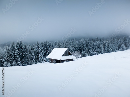 A lonely hut in the depths of winter.