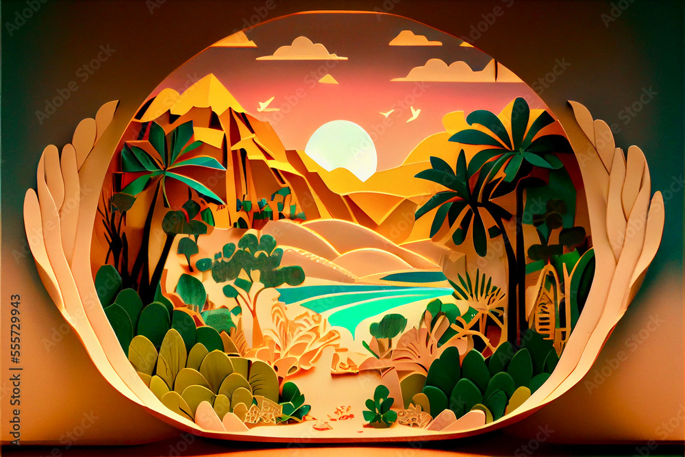 Generative AI Render Of Hawaii Themed Paper Art Stock Illustration generative-ai-render-of-hawaii-themed-paper-art-stock-illustration