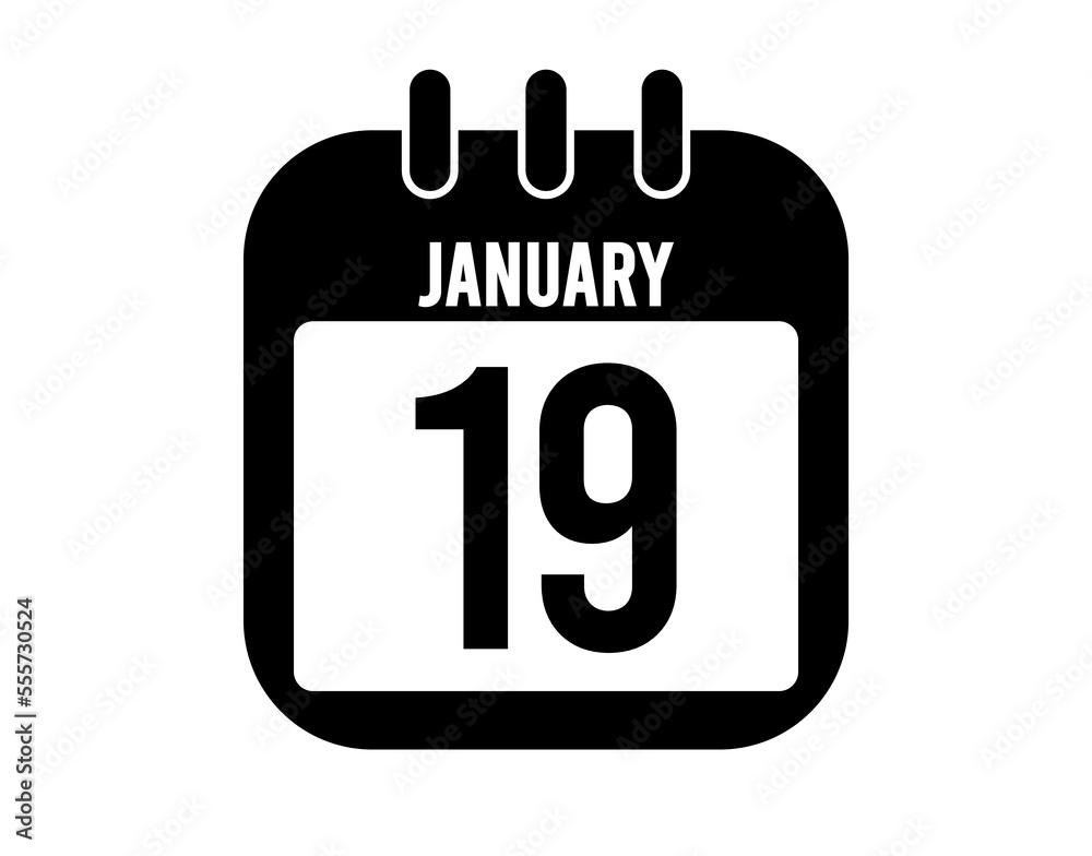 19 January calendar icon. Black calendar vector on white background for January holidays 19 January calendar icon. Black calendar vector on white background for January holidays