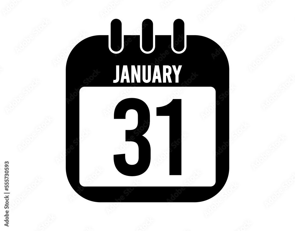 31 January calendar icon. Black calendar vector on white background for January holidays 31 January calendar icon. Black calendar vector on white background for January holidays