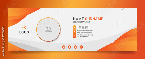 Business email signature with an author photo place modern and creative layout with orange color shape