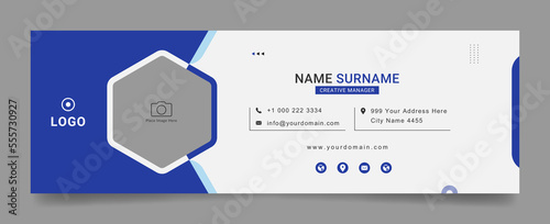 Business email signature with an author photo place modern and minimal layout with blue color white background