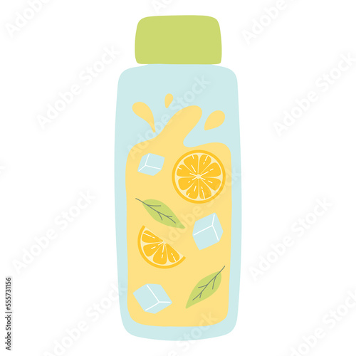 Bottle with lemonade. Cool lemonade with pieces of lemon, mint and ice. Vector illustration isolated on white background. Flat style.