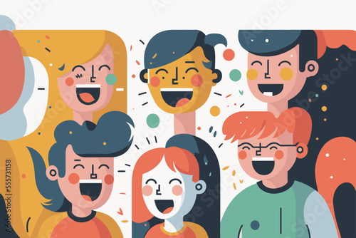 happy laugh group people, portrait of smiling teenage boys and girls on party