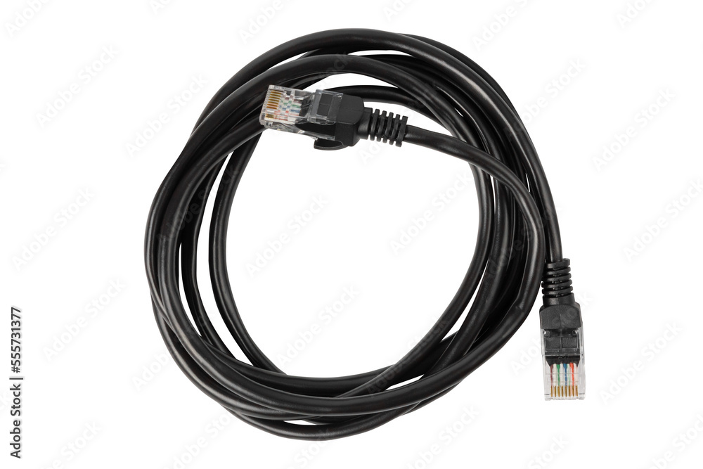 Black patch cord isolated on white. Patch cable with rj45 connector Black patch cord isolated on white. Patch cable with rj45 connector