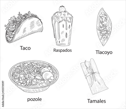 Mexican foods vector. Best Mexican Dishes. Latin american food set illustration.	