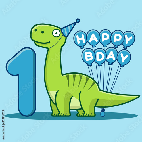 Happy 1st Birthday. Cute invitation card with brontosaurus  balloons  and numbering. Flat vector illustration.