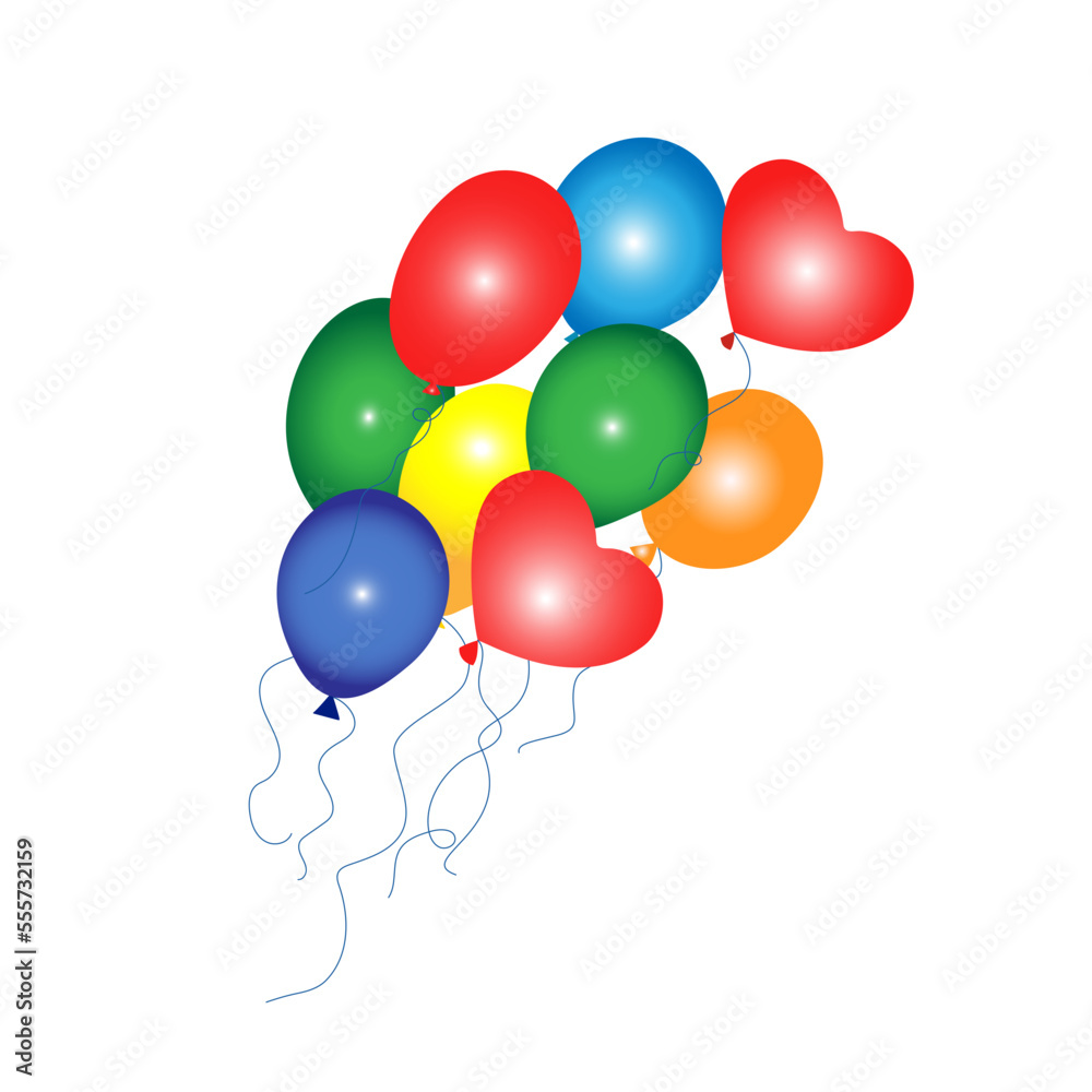 Balloon in cartoon style. Bundle of balloons for birthday, wedding, Valentine's Day and party. Flying balloon with a rope. Fgure, balloon isolated on white background. Graphic vector. Balloon in cartoon style. Bundle of balloons for birthday, wedding, Valentine's Day and party. Flying balloon with a rope. Fgure, balloon isolated on white background. Graphic vector.