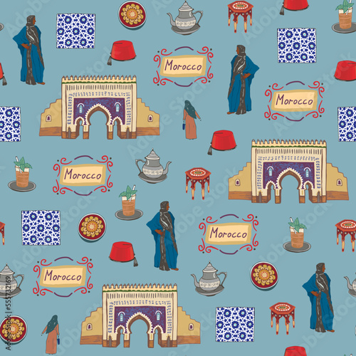 Morocco travel landmark seamless vector pattern.