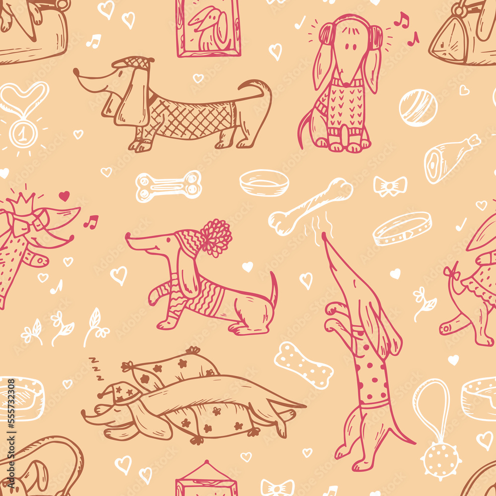 Animals. Pets. Funny Dachshund Dogs. Dog Vector Seamless Pattern. Hand Drawn Doodles Dachshunds.