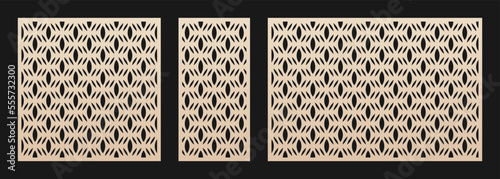 Laser cut panels. Vector template. Abstract geometric patterns set with delicate grid, mesh, lattice ornament. Decorative stencil for CNC cutting of wood, metal, paper. Aspect ratio 1:1, 1:2, 3:2