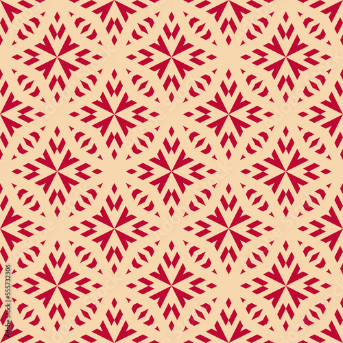 Vector geometric ornament in ethnic style. Elegant abstract ornamental seamless pattern. Simple red and beige background texture with floral shapes, snowflakes, tiles. Repeat decorative geo design