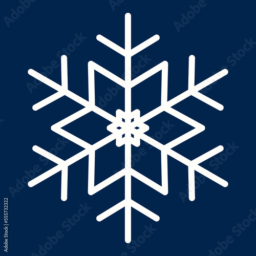 White snowflake illustration isolated on blue background. Snow flake icon. Simple design element for winter holidays, New Year, Christmas theme symbol. Vector design