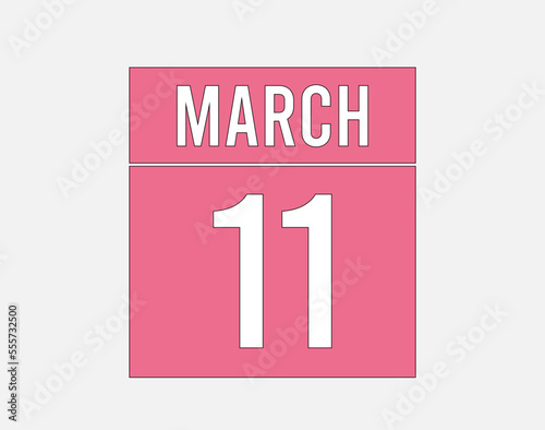 11 March calendar pink. Calendar page vector for March on light background
