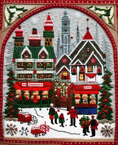 Snowy Christmas Village Embroidery - stitched holiday design - generative ai