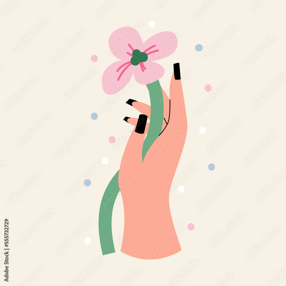 Vector flat illustration of a woman hand holding a flower. Romantic floral concept. Vector flat illustration of a woman hand holding a flower. Romantic floral concept.