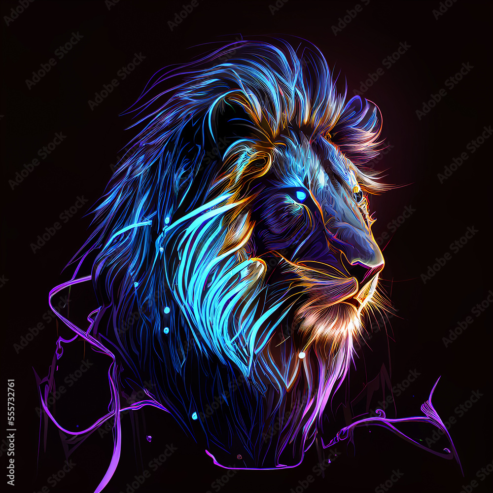 digital art of a neon lion, illustration created with Generative AI digital art of a neon lion, illustration created with Generative AI