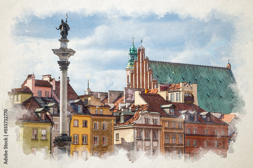 Street of a European city. Old town landmark. Watercolor illustration style. Multi-colored houses of the tourist route. Sights attractions. Building house streets Warsaw center square - obrazy, fototapety, plakaty 