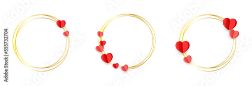 Set of geometric gold frame isolated on white.Golden Geometrical frames.Simple abstract golden round frames with a hearts.Set of luxury gold circle frames collection.Valentine day heart frames.
