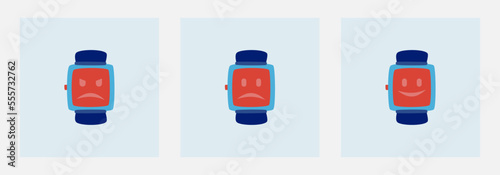 smartwatches with various expressions such as happy, sad, and angry. technology design elements for banner, poster, and web design.