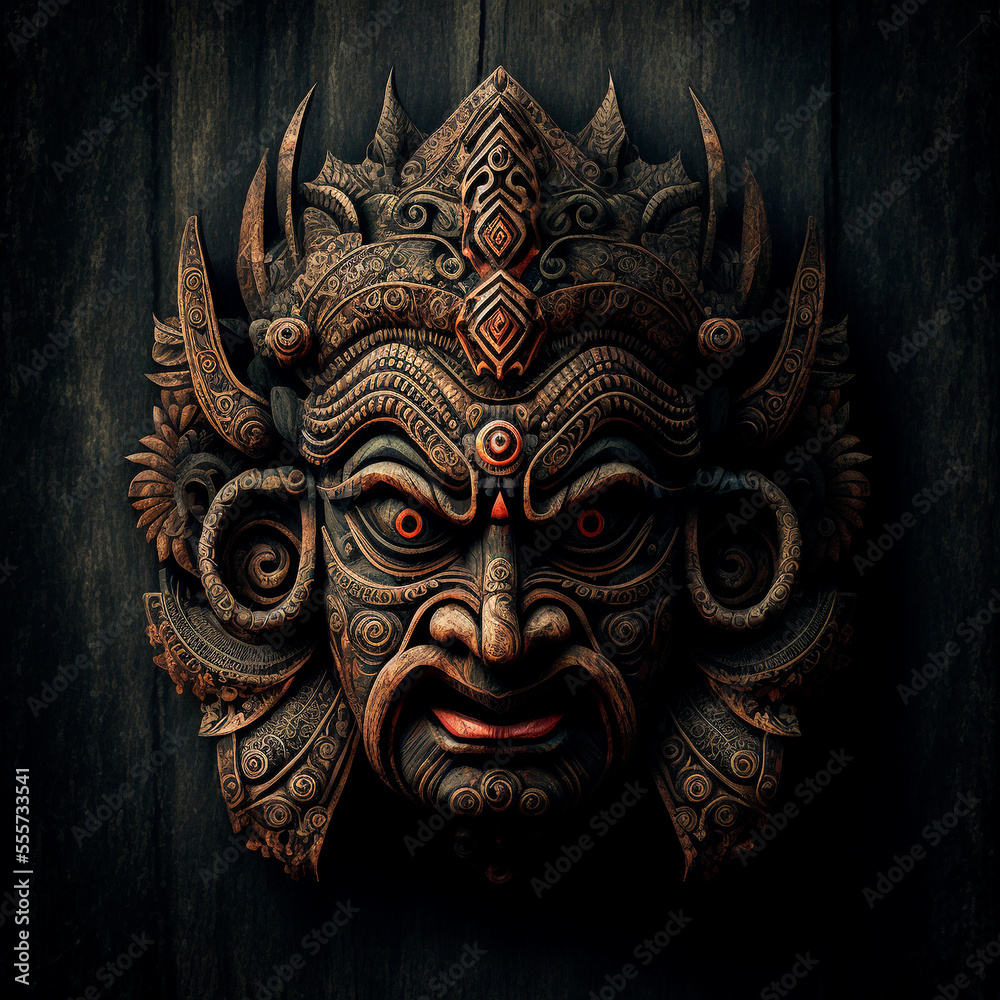 Fototapeta premium Old wood hindu mask, cracked, used. Image of Hindu God carved on wood. AI generated photorealistic image of an old wooden mask. Digital art