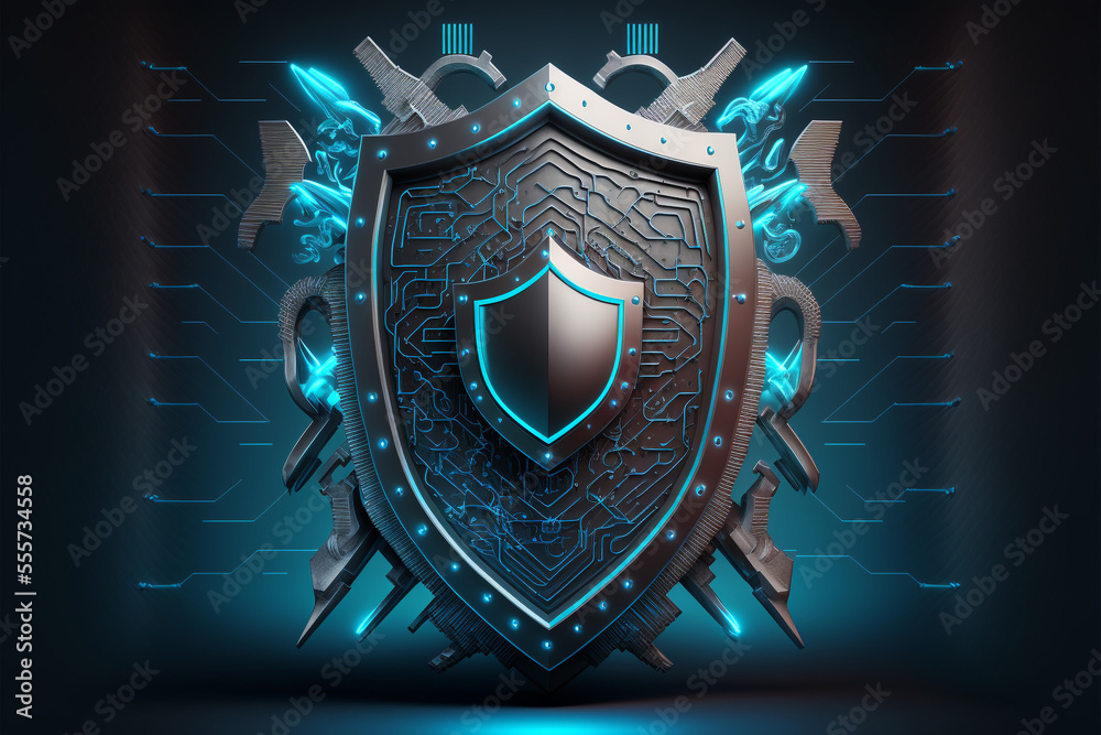 Fototapeta premium Internet Security Shield Hi-Tech Technology, Cyber Security and Network Protection, 3D Illustration, Generative AI