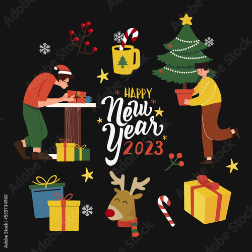 Merry Christmas greeting card. Christmas set. Holiday set of Christmas. 