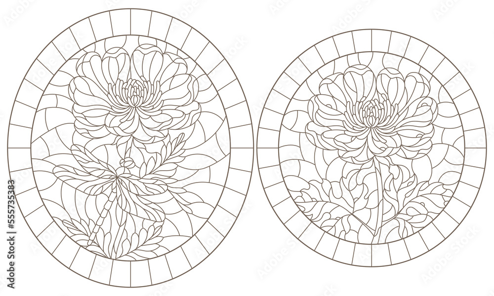 Set of contour illustrations in stained glass style with flowers and dragonflies, dark outlines on a white background