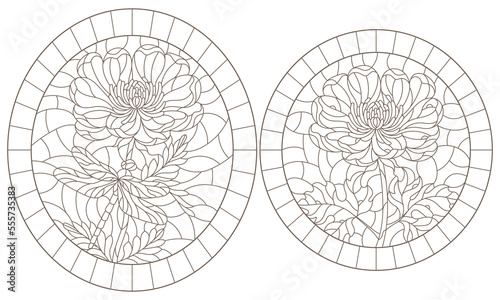 Set of contour illustrations in stained glass style with flowers and dragonflies, dark outlines on a white background