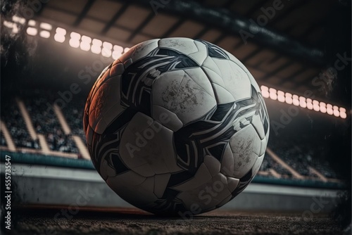  a soccer ball sitting on the ground in a stadium with lights on the sidelines and a dark background. Generative AI