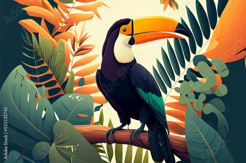 toucan on the tree in the jungle, digital art illustration created with Generative AI
