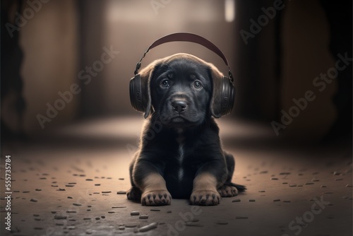  a puppy with headphones on sitting on the floor in a hallway with a light coming through the doorway. Generative AI photo