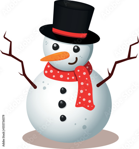 Happy and cute snowman isolated character in a hat and scarf. Snowman on white background.
