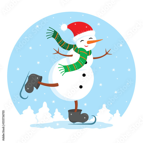 Funny, cute, happy snowman in scarf having fun, ice skating on frozen winter lake. Christmas holiday festive greeting card flat style vector illustration